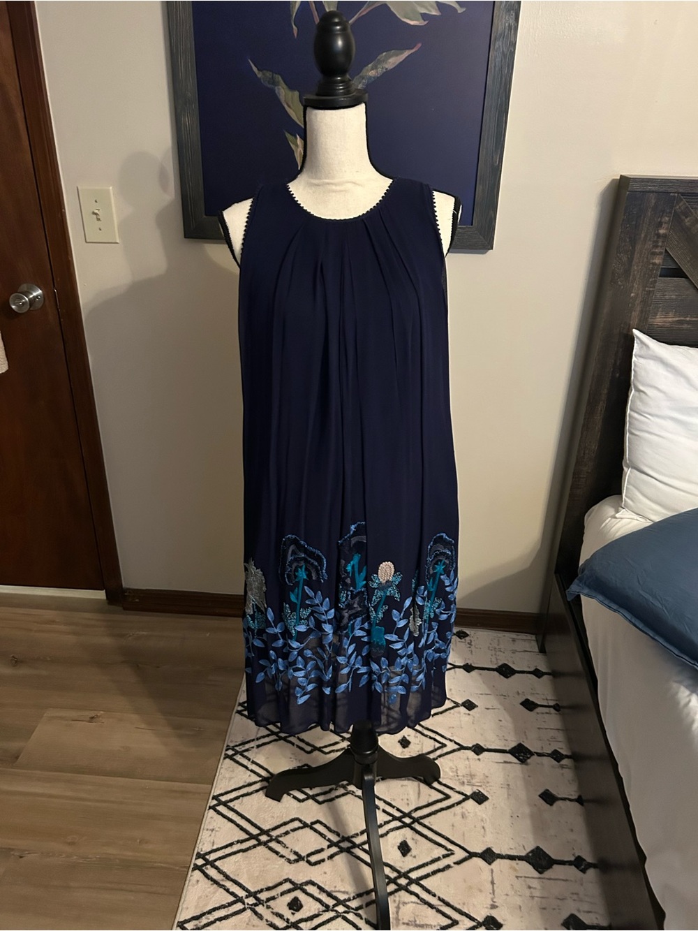 Anthropologie Navy Midi Dress with Blue Floral Embroidery